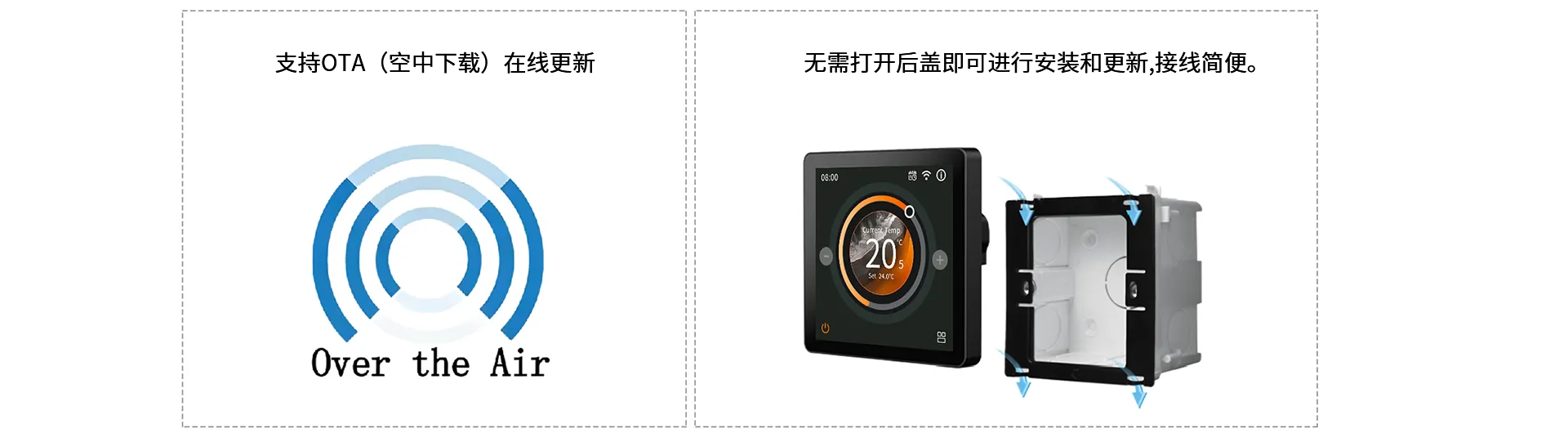 SASWELL尊龙凯时4寸彩屏智能水地暖温控器支持OTA升级、安装简单示意图